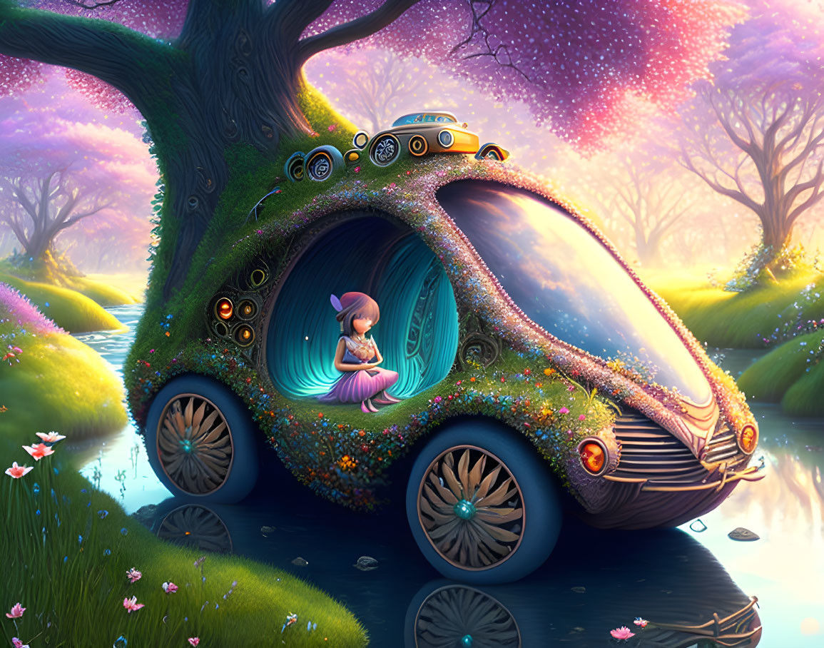 Girl sitting in tree-shaped car by river in magical forest