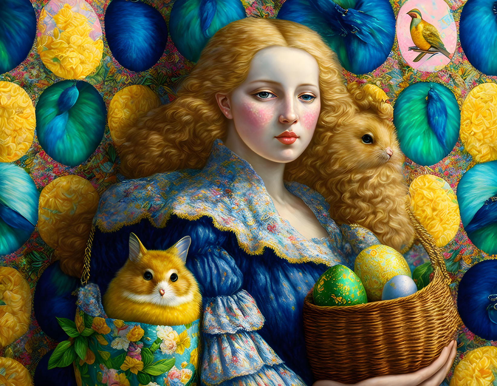 Surreal portrait: Woman with golden curls, blue-plumed birds, cat, eggs, and