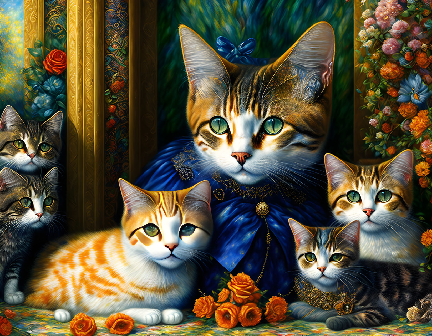 Ornate Artwork: Five Cats in Renaissance Attire amid Floral Background