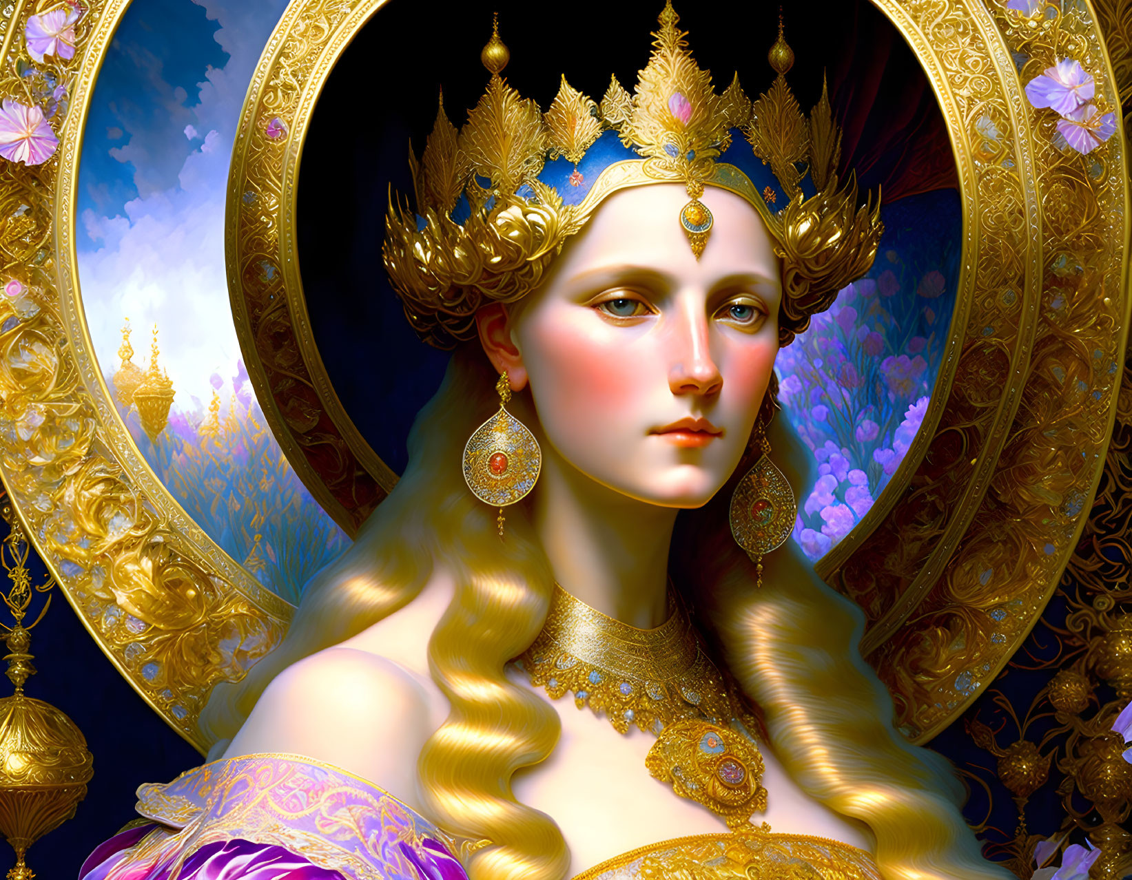 Opulent fantasy portrait of a adorned woman with gold jewelry