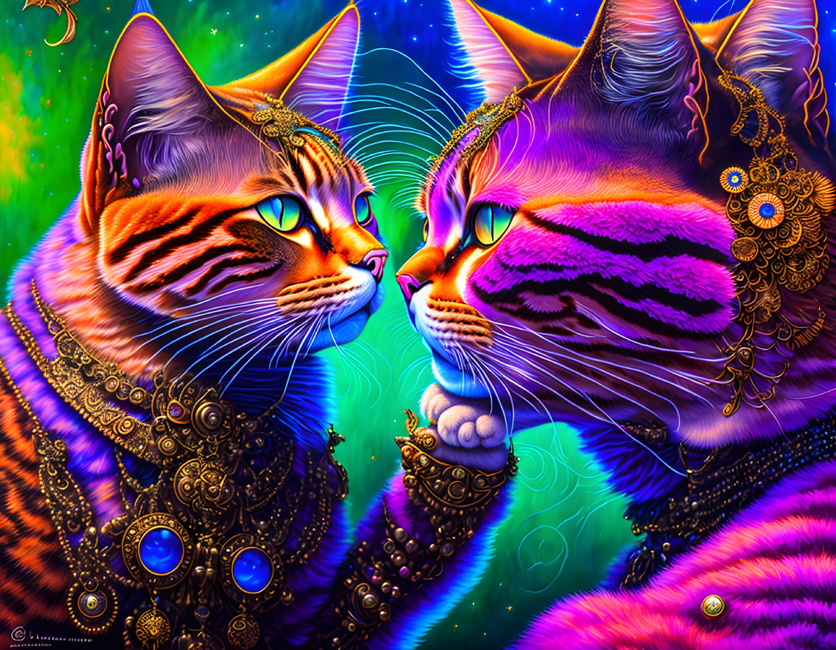Vibrantly colored cats with human-like eyes on swirling background