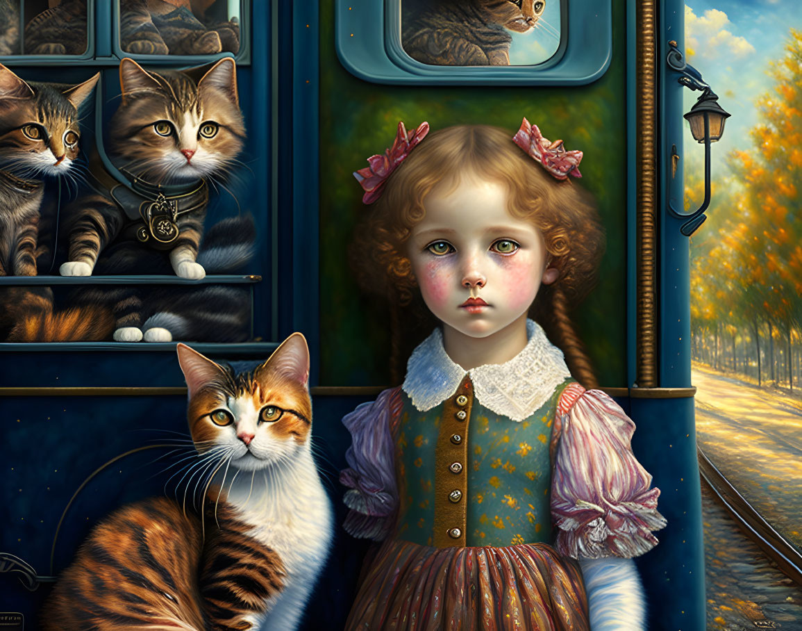 Young girl with solemn expression next to a cat in vintage blue tram scene.