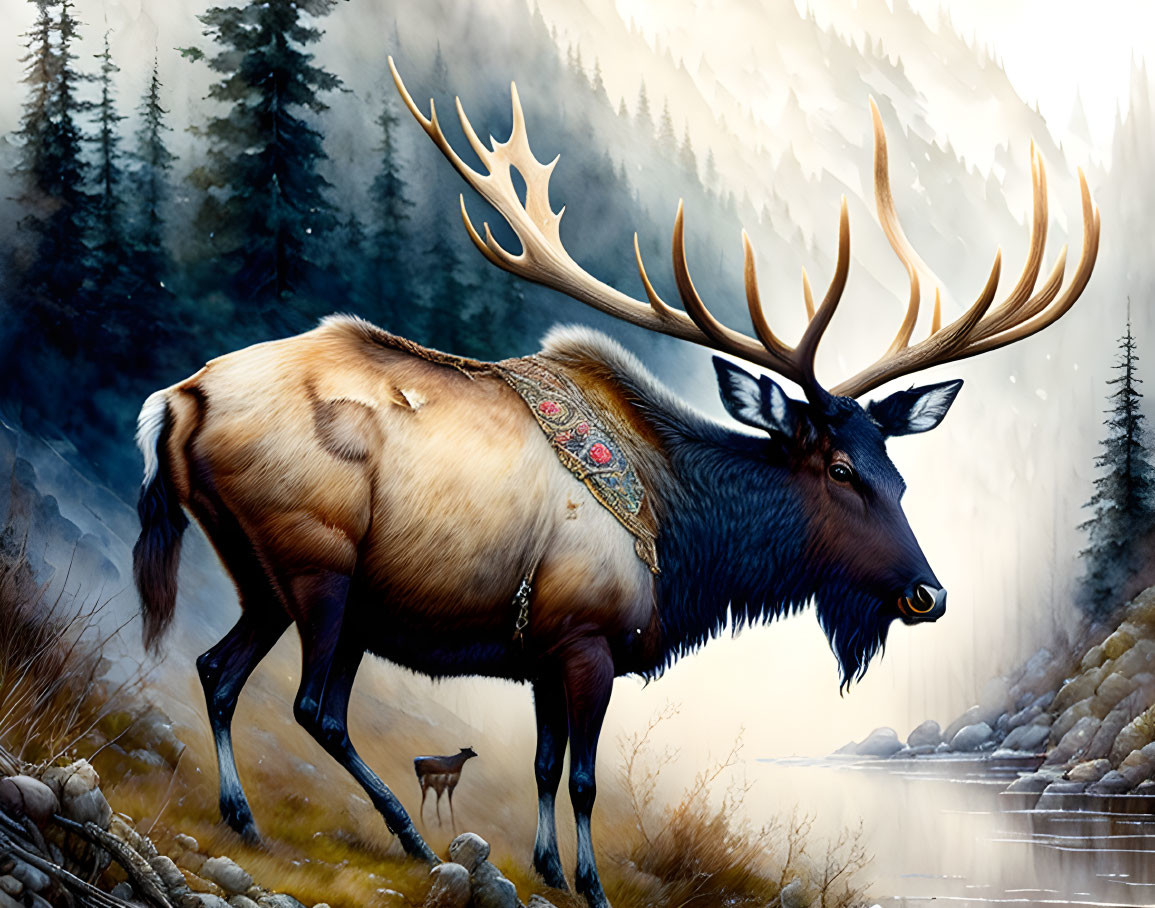 Majestic elk with ornate antlers by misty river in tranquil forest