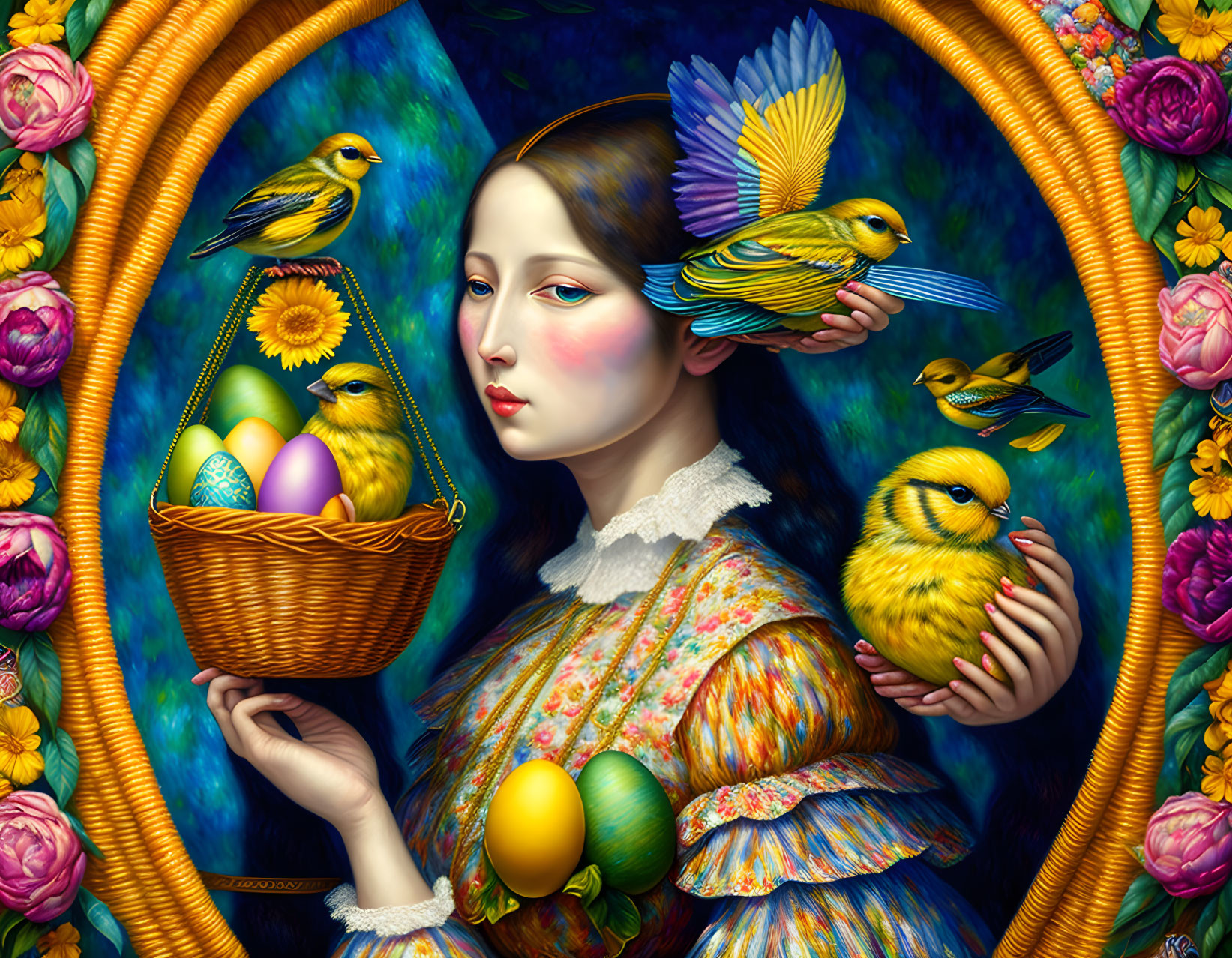 Surreal portrait of woman with birds, eggs, and flowers in ornate frame