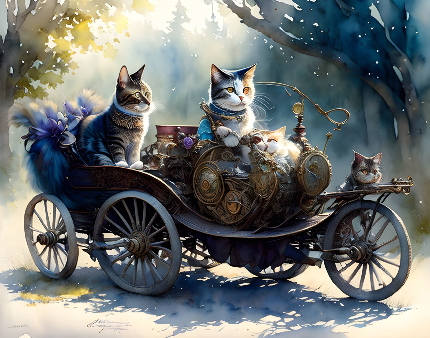 Whimsical steampunk-style cats in frosty landscape