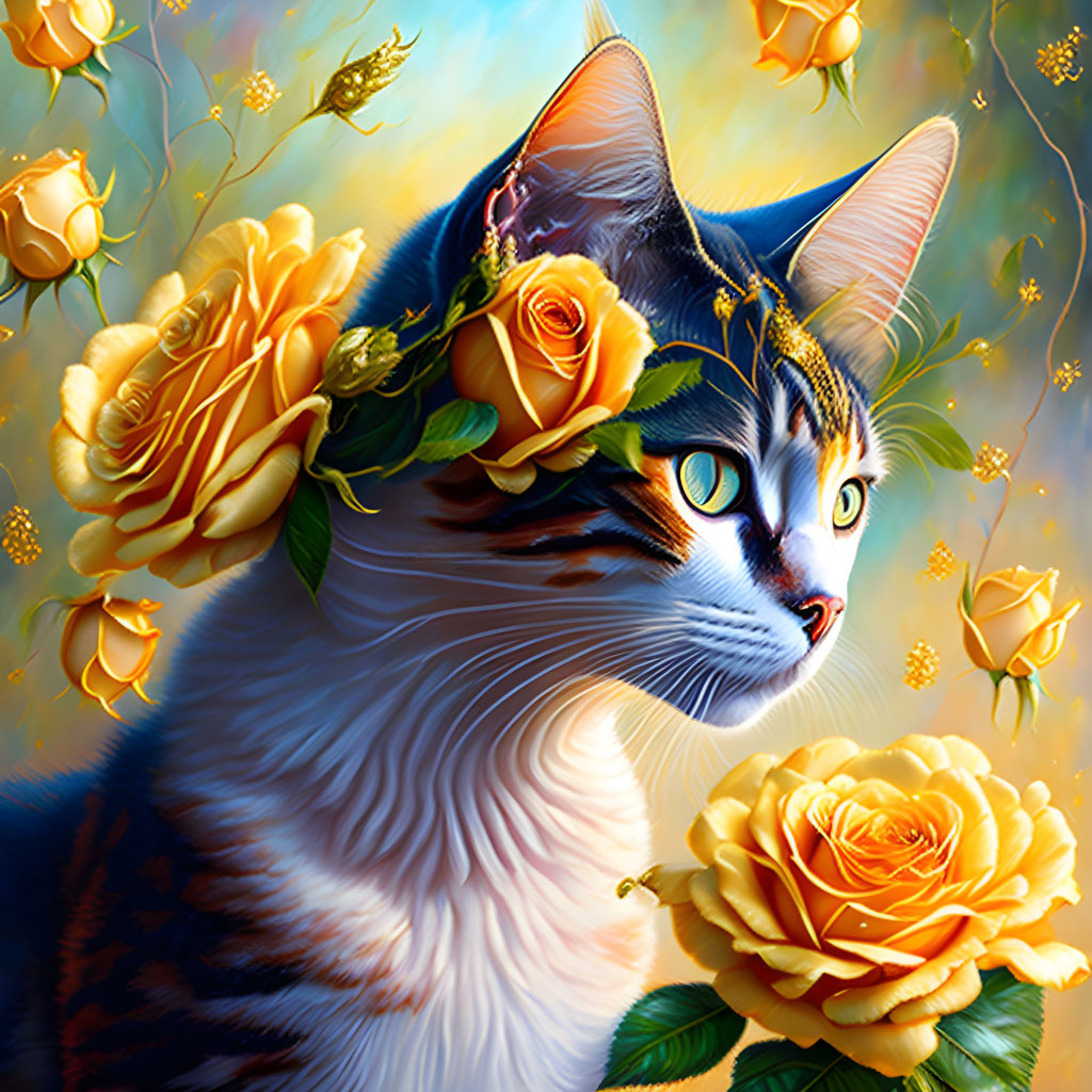 Colorful Cat Illustration with Golden Yellow Roses