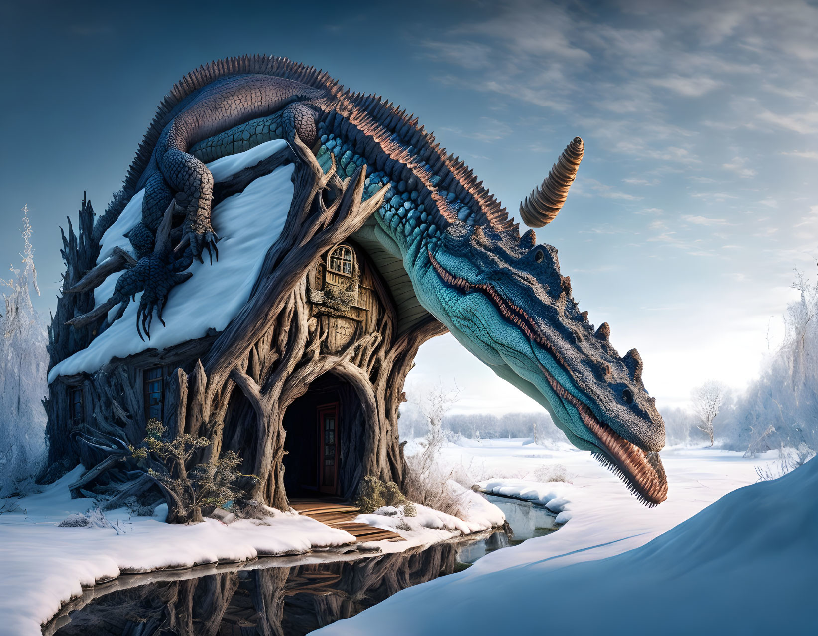 Winter scene with house in dragon-like creature by snowy riverbank