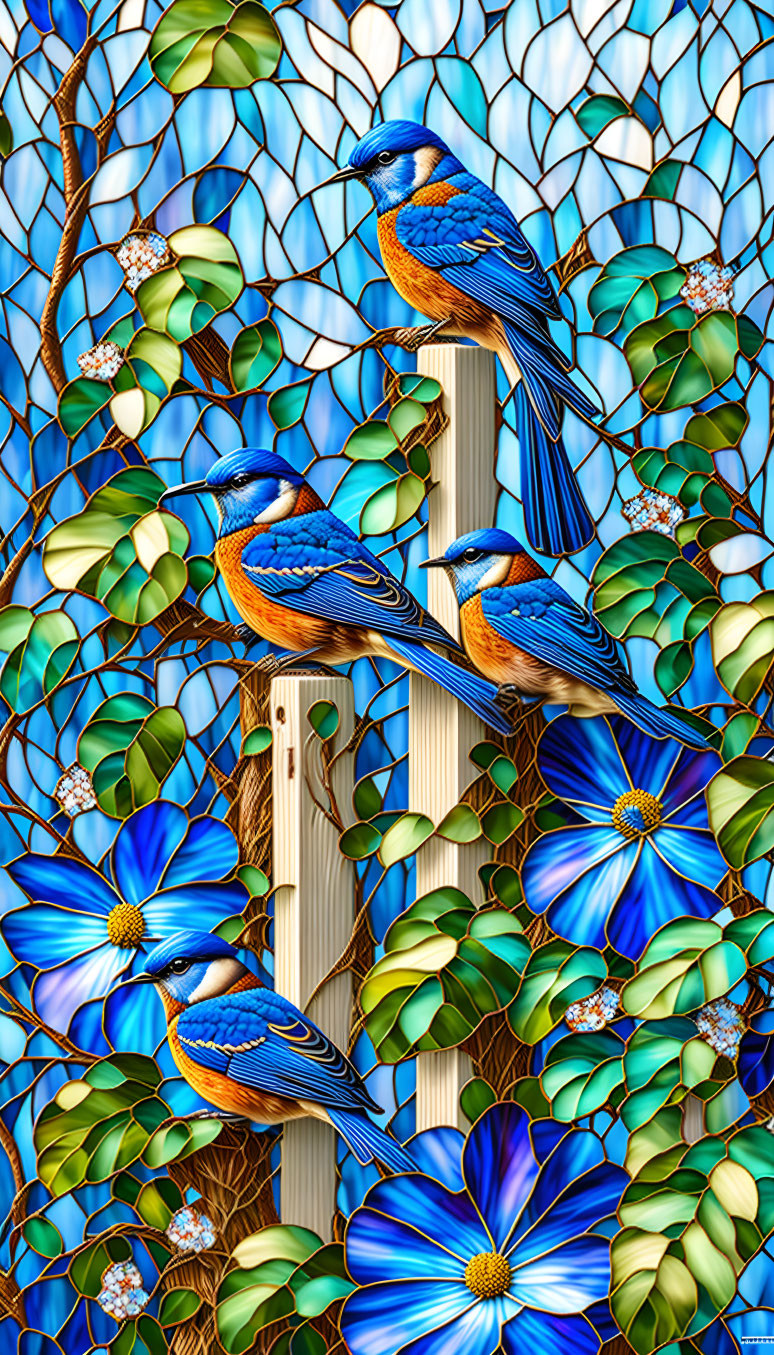 Vibrant bluebirds on branches with blooming blue flowers in stained glass effect