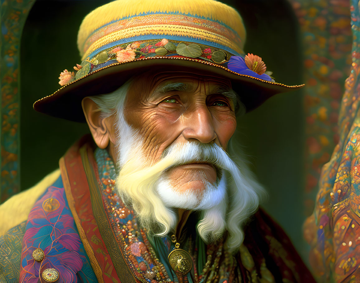 Elderly man with white beard in floral hat & colorful garment