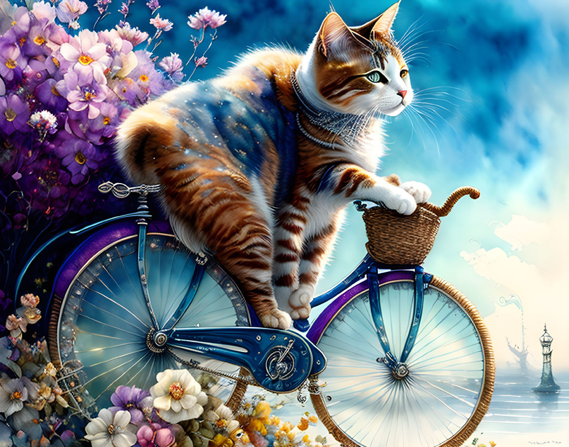 Celestial fur pattern cat on vintage bicycle with flowers in dreamy setting