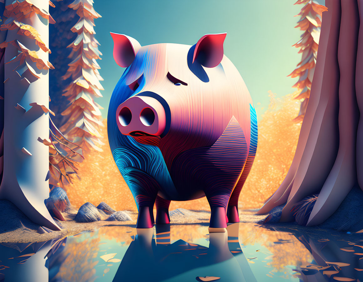 Colorful Stylized Pig in Autumn Forest with Reflecting Trees