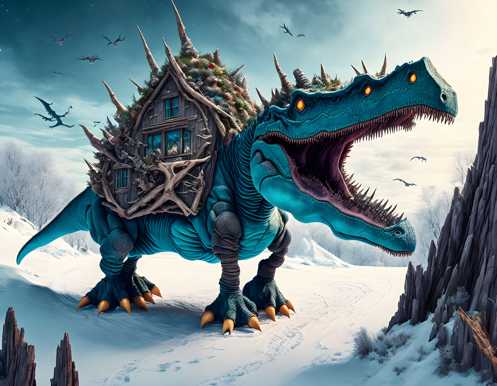 Giant blue dinosaur with house on back in snowy landscape surrounded by birds