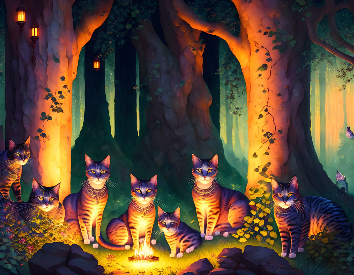 Mystical forest glade with glowing lanterns and striped cats