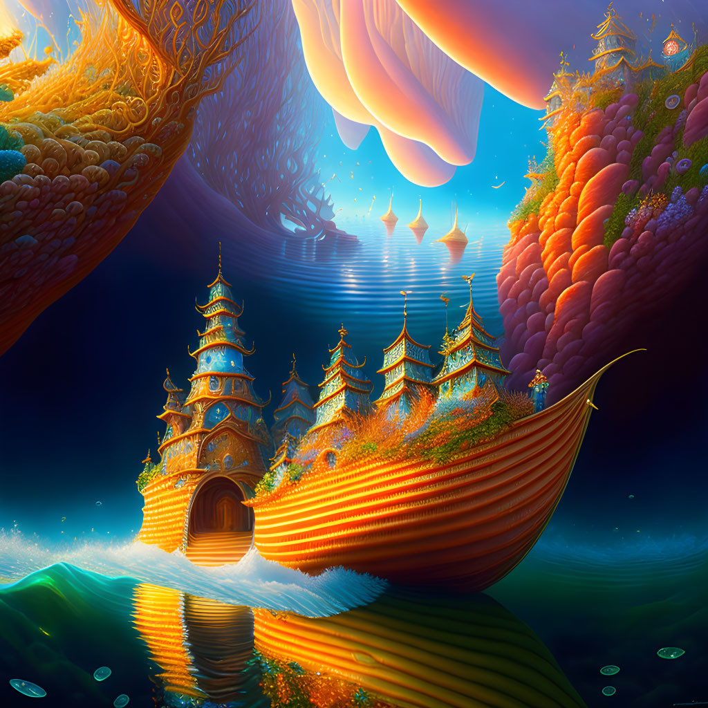 Fantasy landscape with pagoda-style structures on boat-shaped landmass