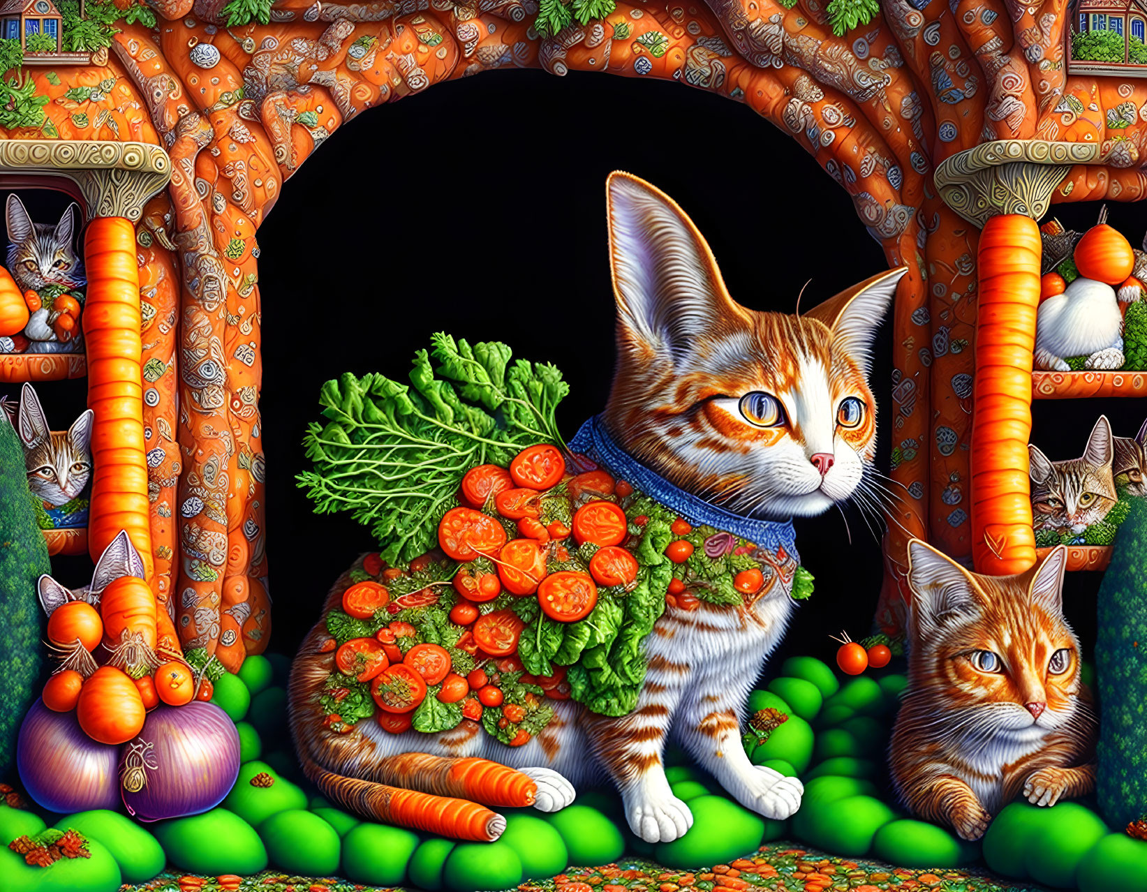 Vibrant cat illustration with vegetable body and cat-faced carrots.