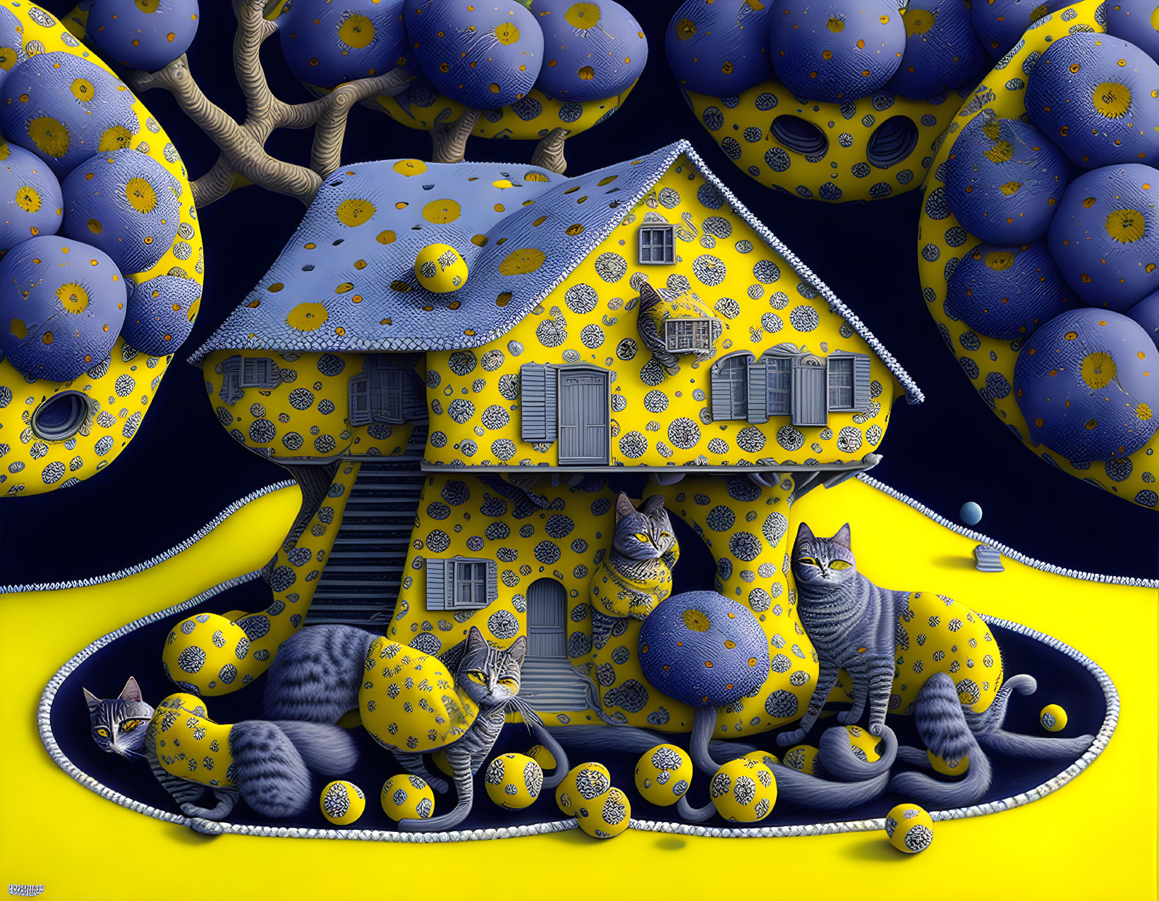 Patterned House and Cats in Surreal Yellow and Blue Polka Dot Landscape