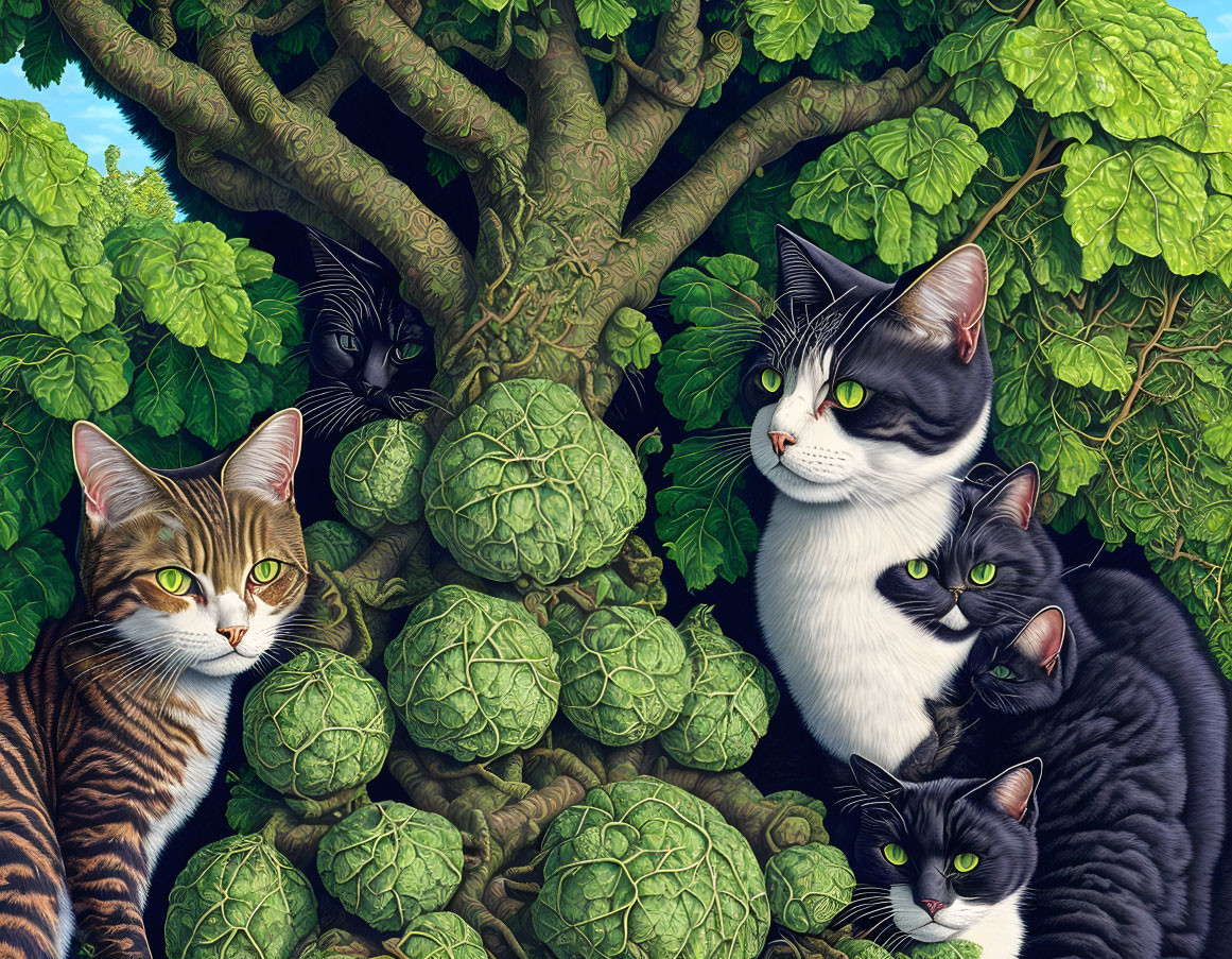 Illustration of multiple cats in green foliage and tree branches