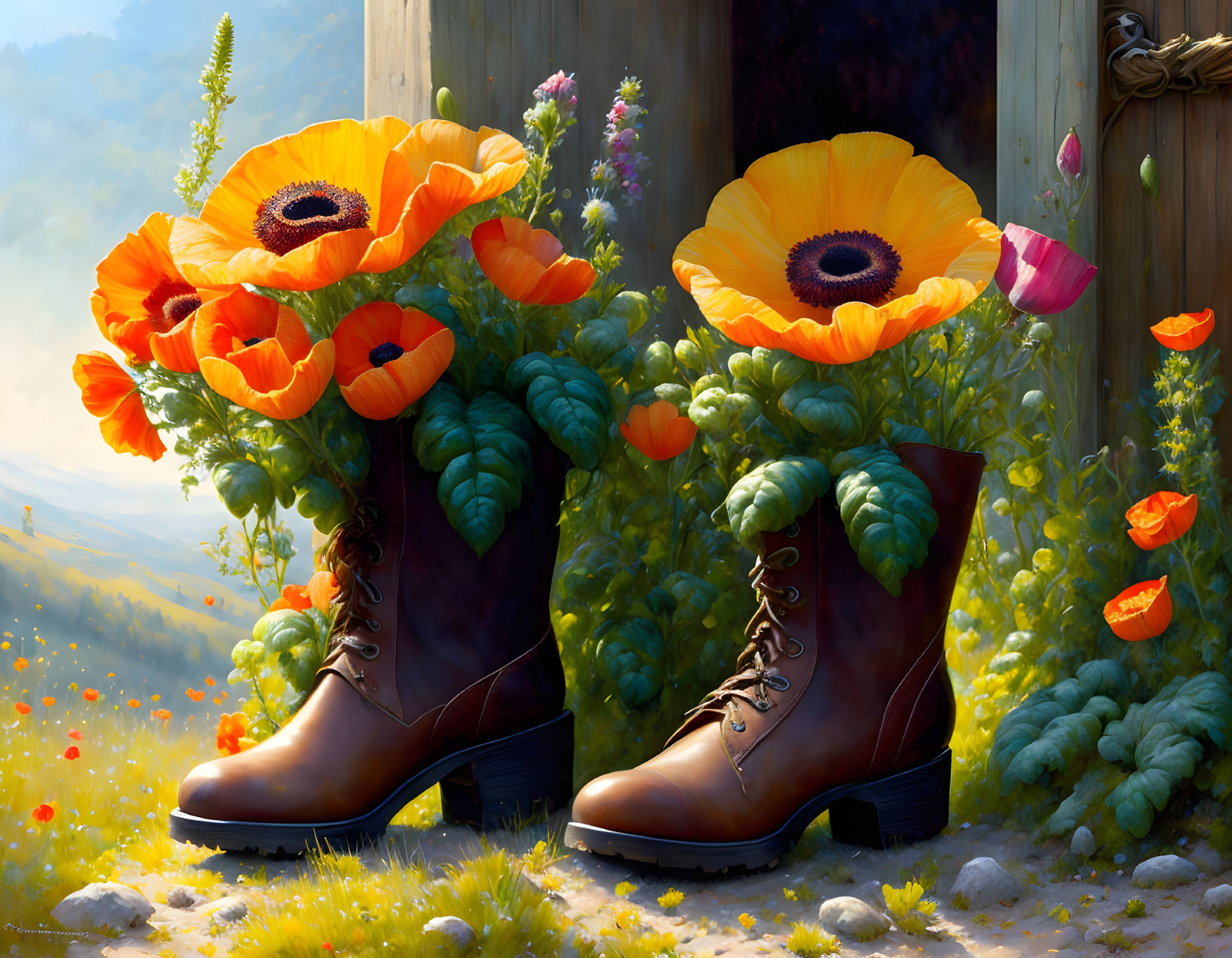 Vibrant orange poppies in brown leather boots on sunlit meadow