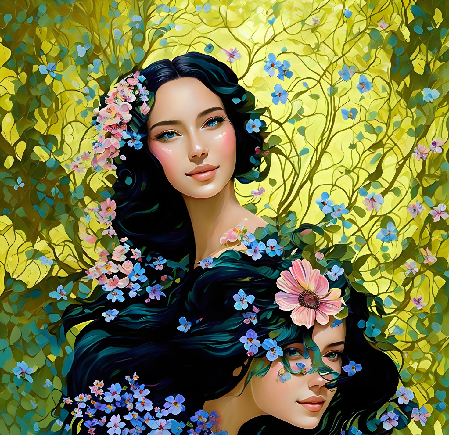 Illustration: Two women with dark hair and floral accessories in front of luminous golden foliage.