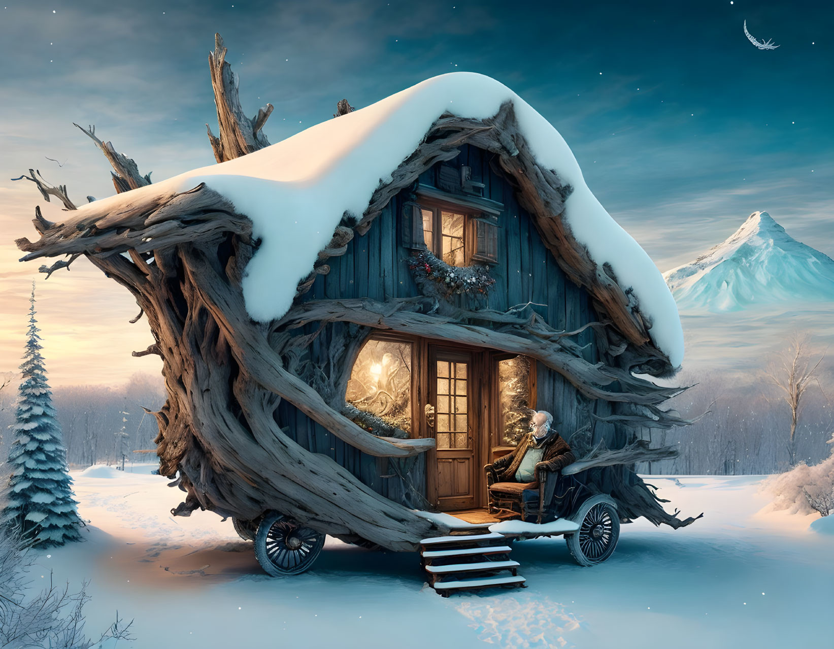 Winter landscape with whimsical house on wheels and person at doorway