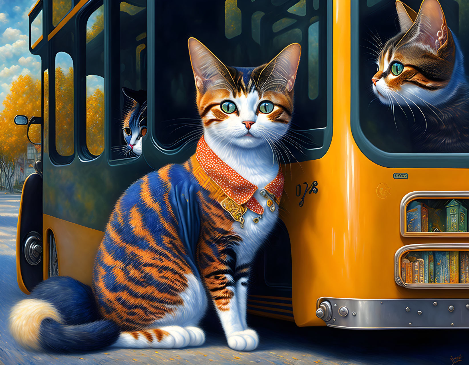 Tabby cat with green eyes and collar beside yellow bus, with two cats peeking.