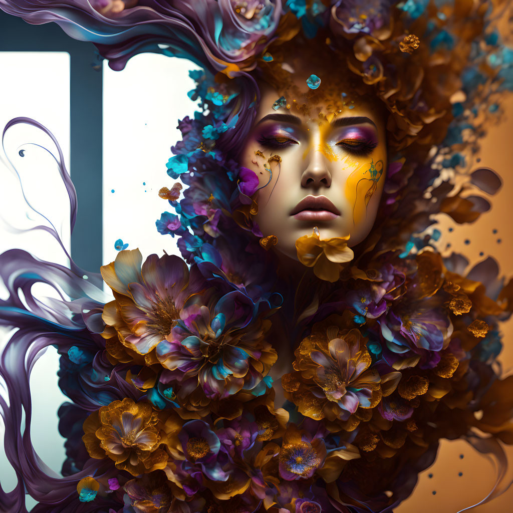 Vibrant purple and gold floral surreal portrait of a woman