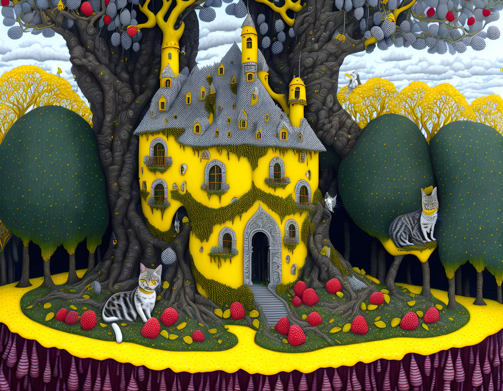 Surreal landscape with yellow house, trees, cats, and strawberries