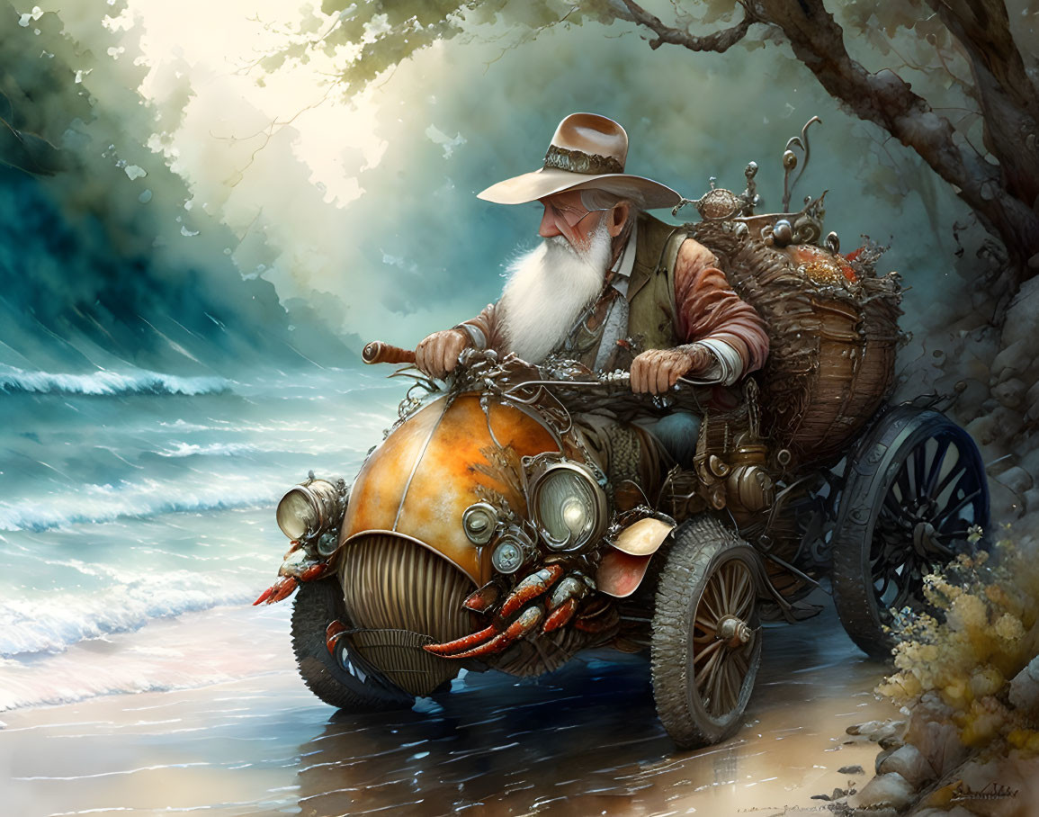 Elderly man driving steampunk vehicle in lush woodland landscape