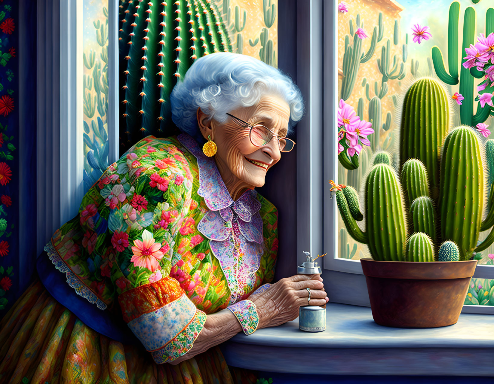 Elderly lady in floral dress near sunny window with cacti