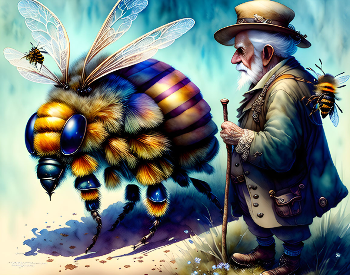 Fantasy beekeeper and giant bee illustration with vibrant colors.