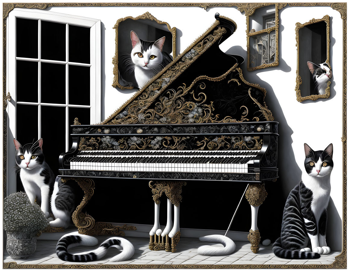 Monochrome cats around black grand piano with mirrors by window