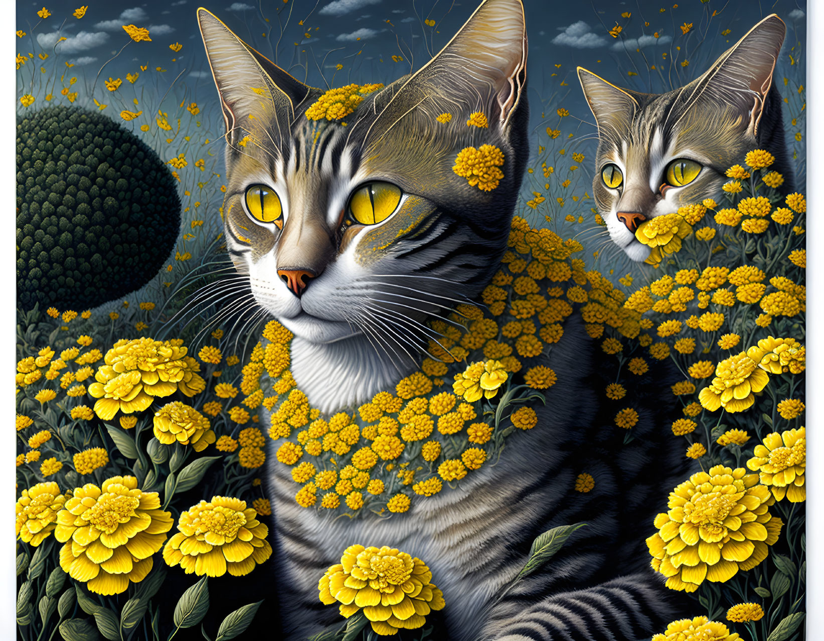 Surreal hyper-realistic cats with yellow flowers in vibrant floral setting