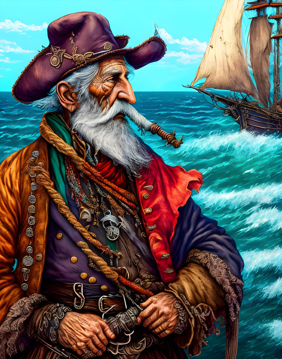 Detailed illustration of an old pirate with white beard, purple hat, red coat, and trinkets