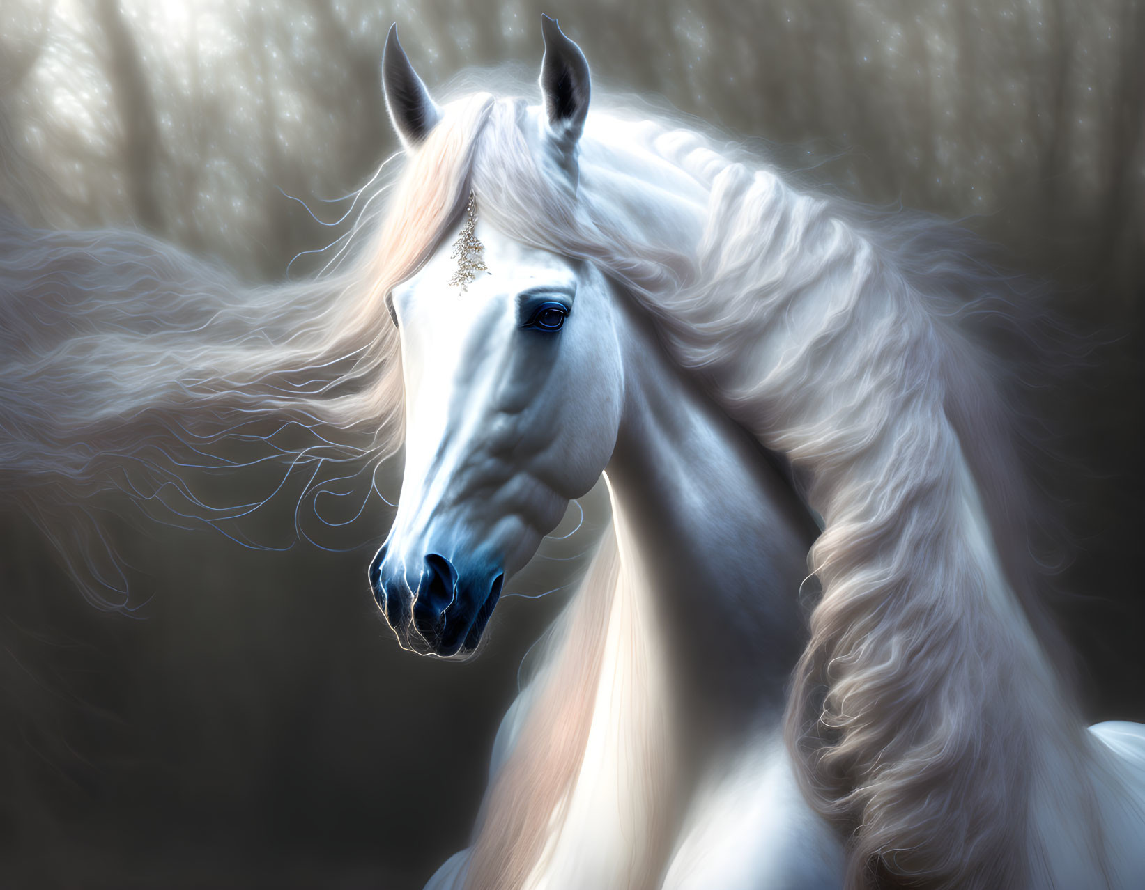 Majestic white horse with flowing mane in dreamlike forest landscape