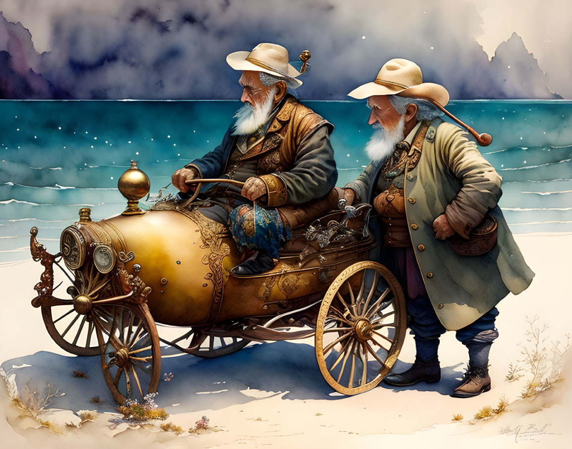 Elderly men in 19th-century attire with steampunk car and mountain backdrop