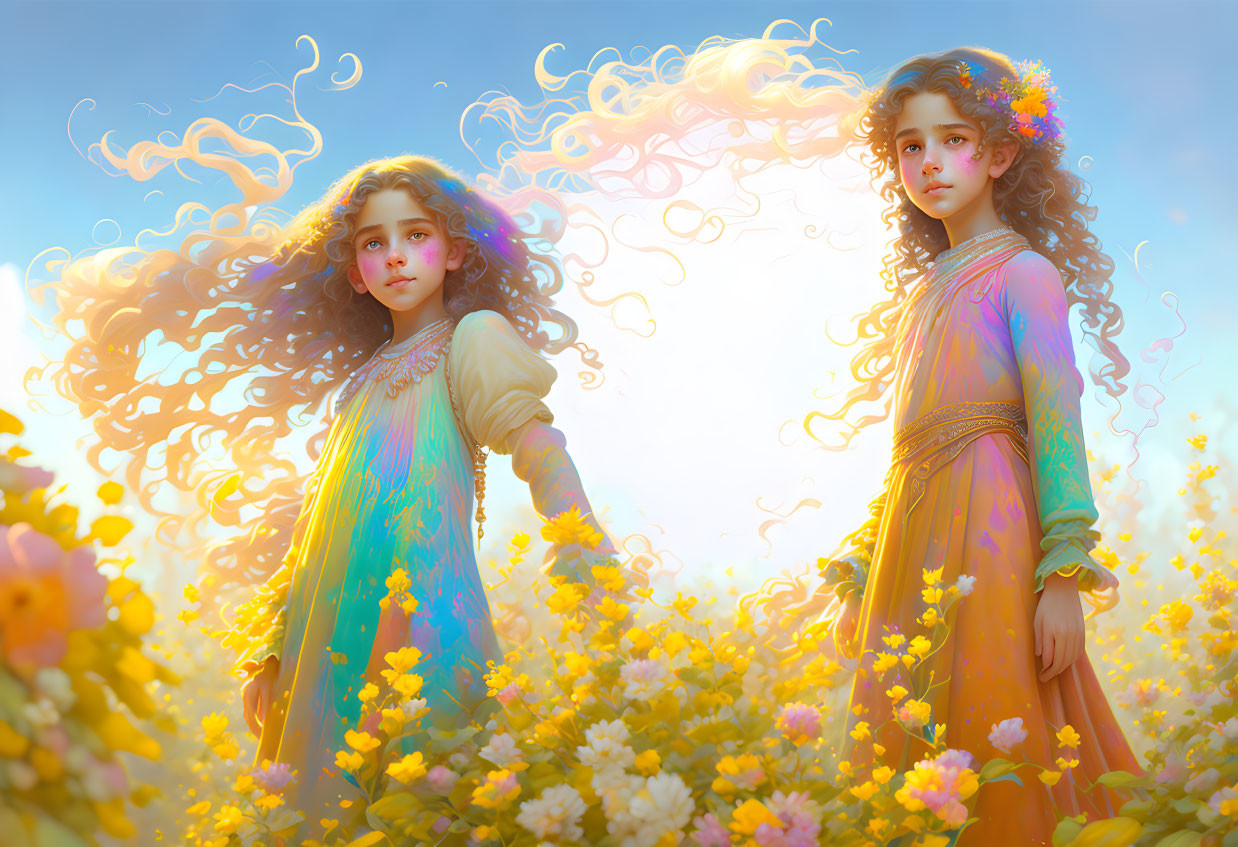 Ethereal girls in vibrant flower field with flowing hair