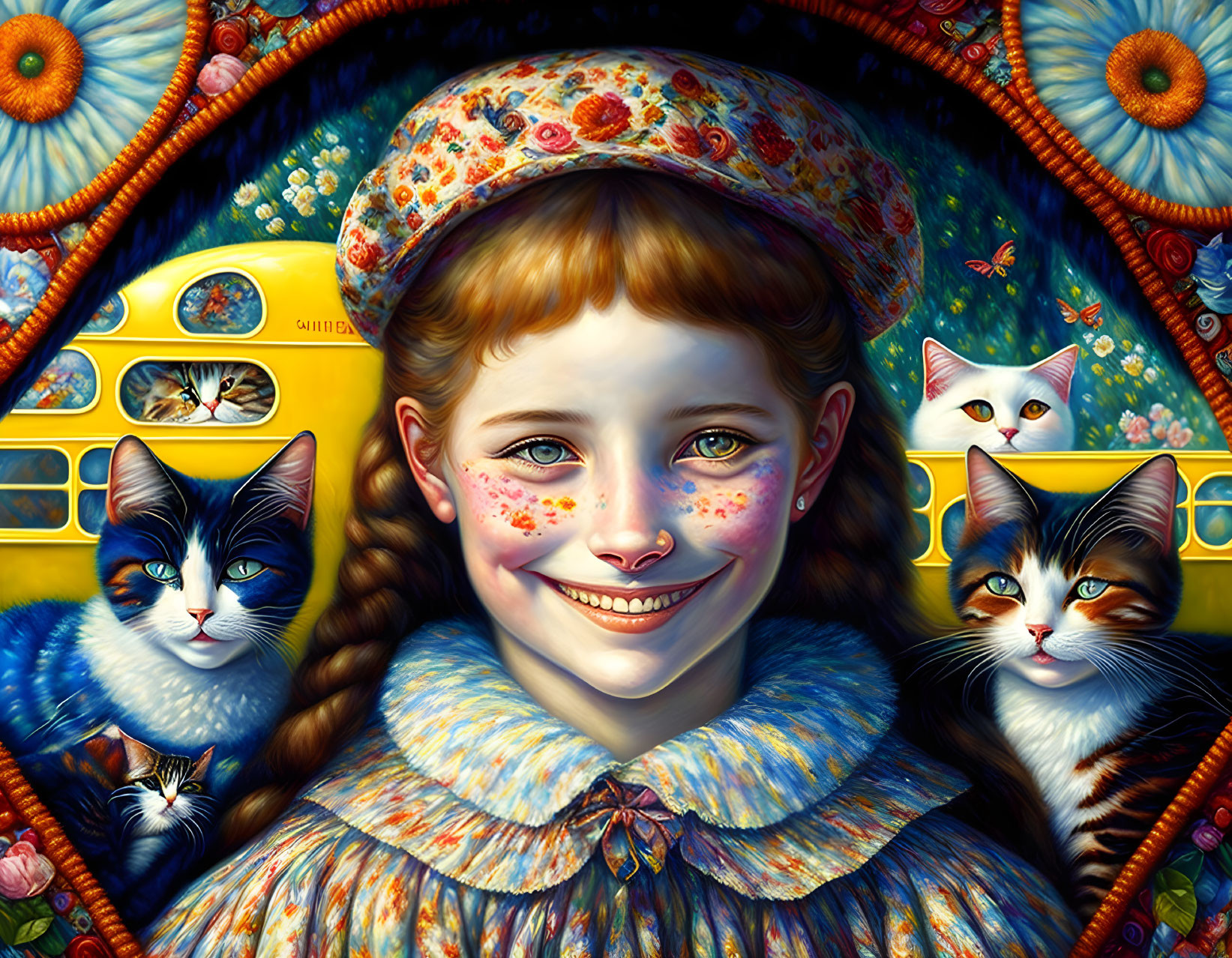 Colorful portrait of a smiling girl with braided hair and floral hat, surrounded by cats and patterns