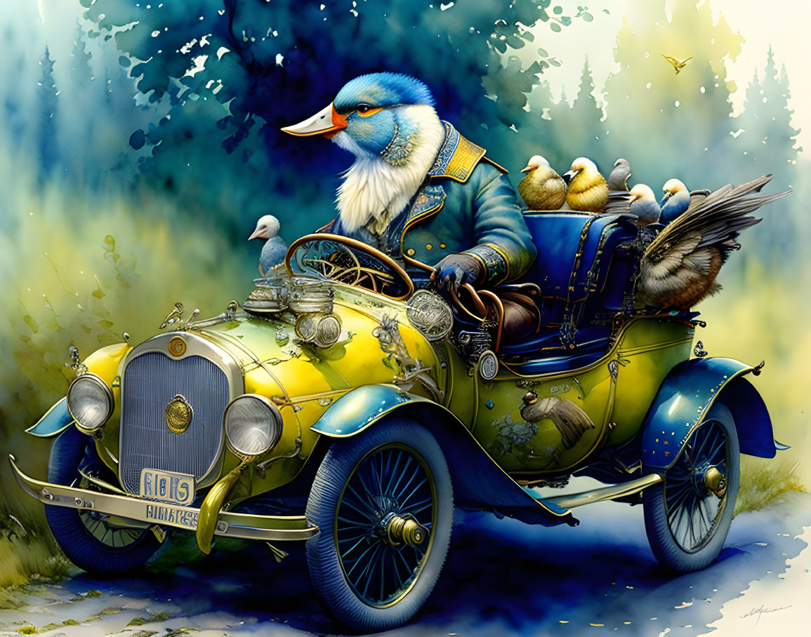 Illustration of humanoid birds in vintage car through forest.