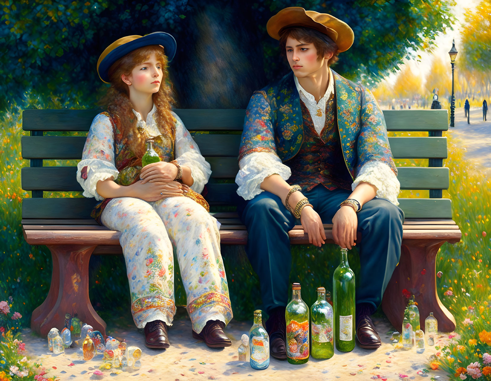 Vintage-dressed couple on park bench with colorful bottles and trees in the background