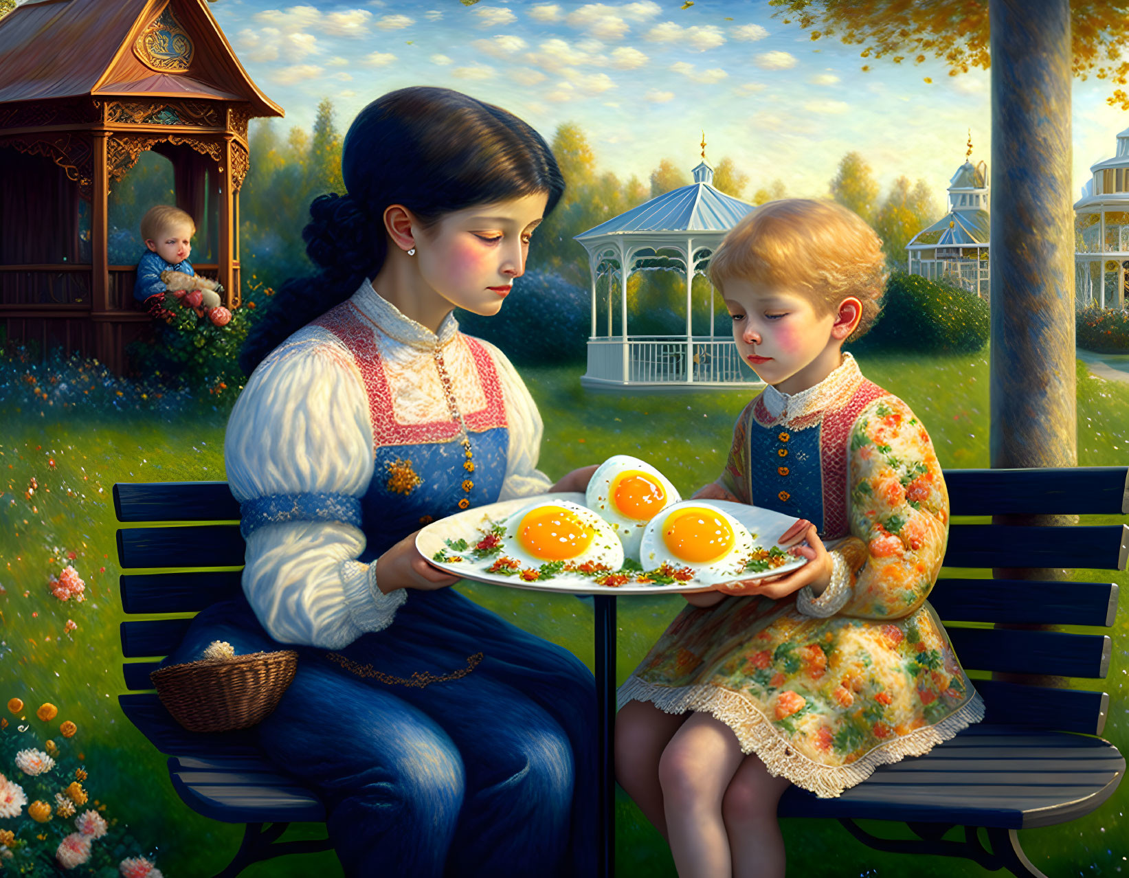 Mother and Daughter Admiring Eggs in Garden Setting