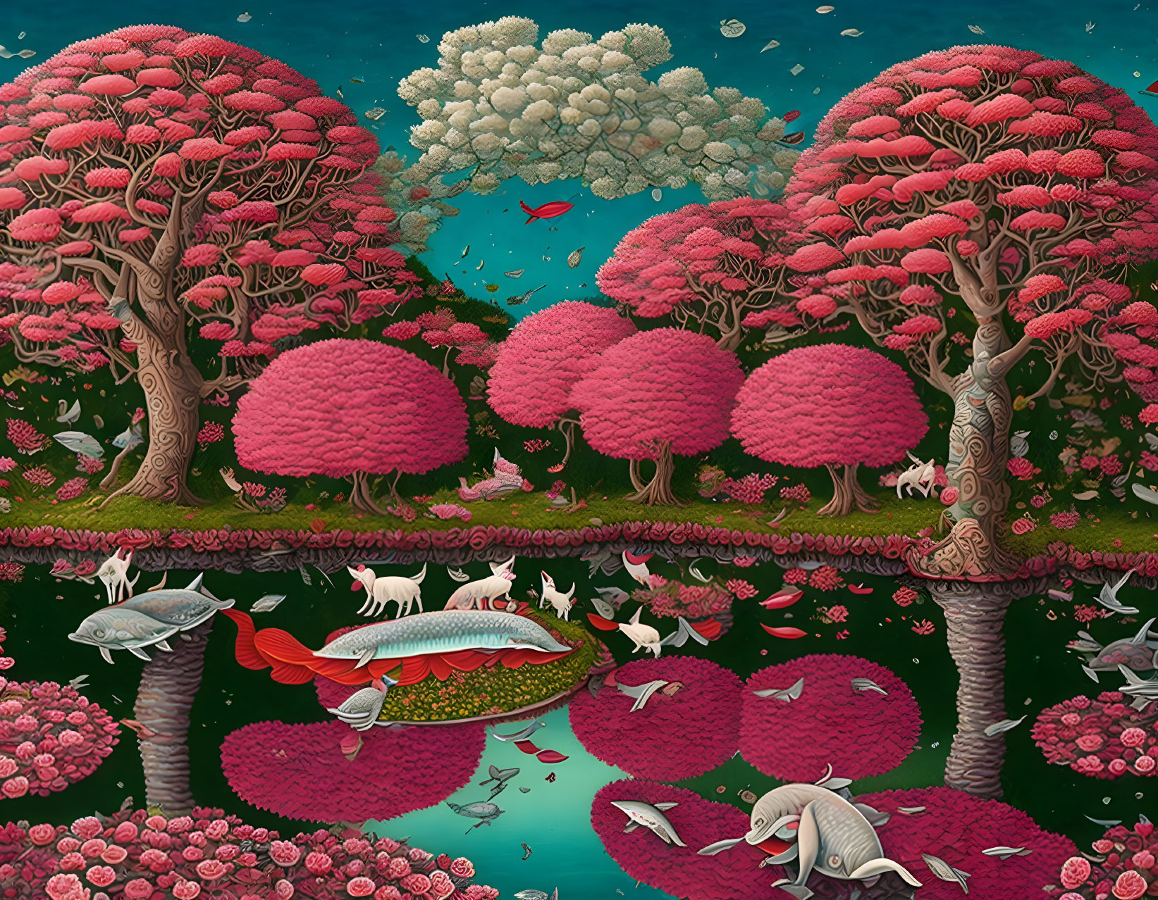 Colorful whimsical illustration of vibrant landscape with pink trees, river, lily pads, and animals