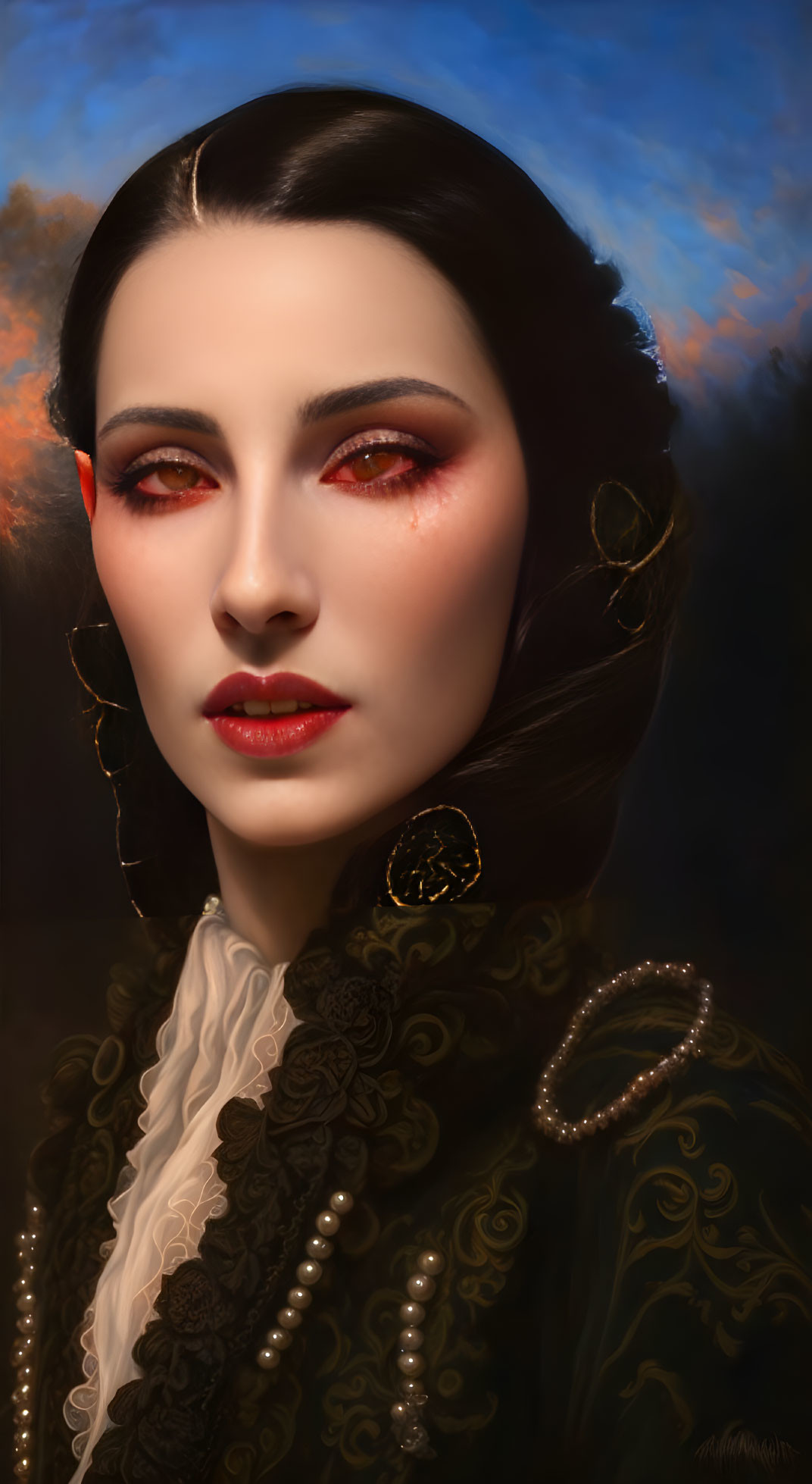 Illustrated portrait of woman in red eye makeup and vintage attire against sunset.