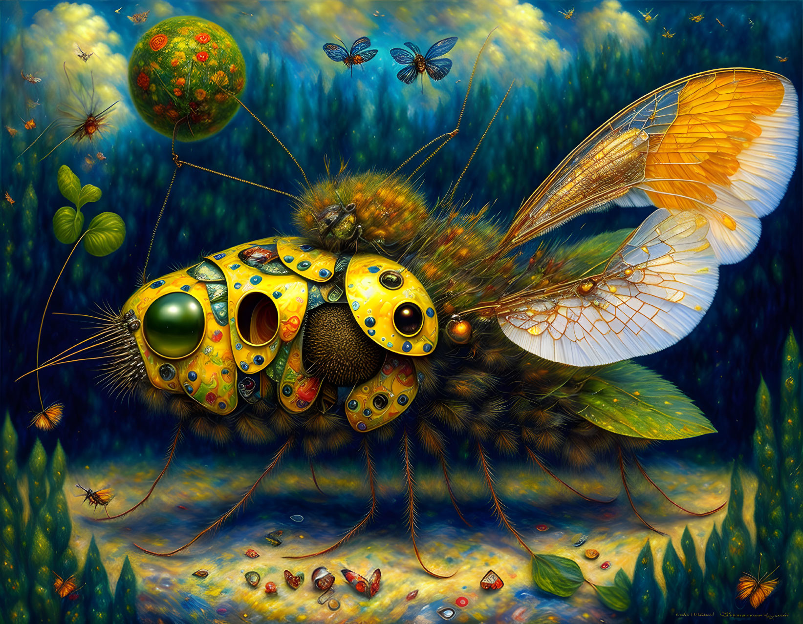 Vibrant surreal painting: Mechanical insect, golden patterns, lush vegetation, starry sky