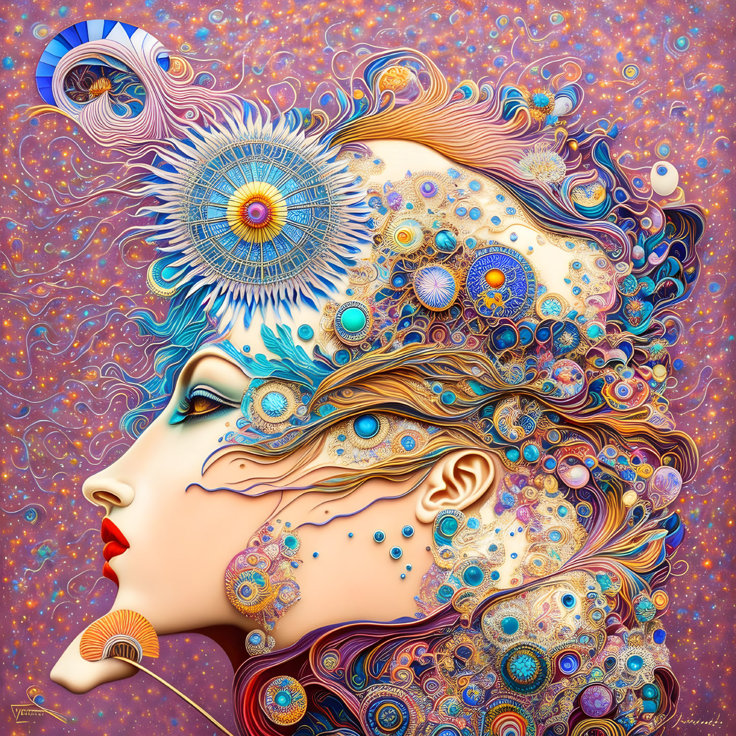 Colorful psychedelic portrait of a woman with intricate patterns and celestial motifs