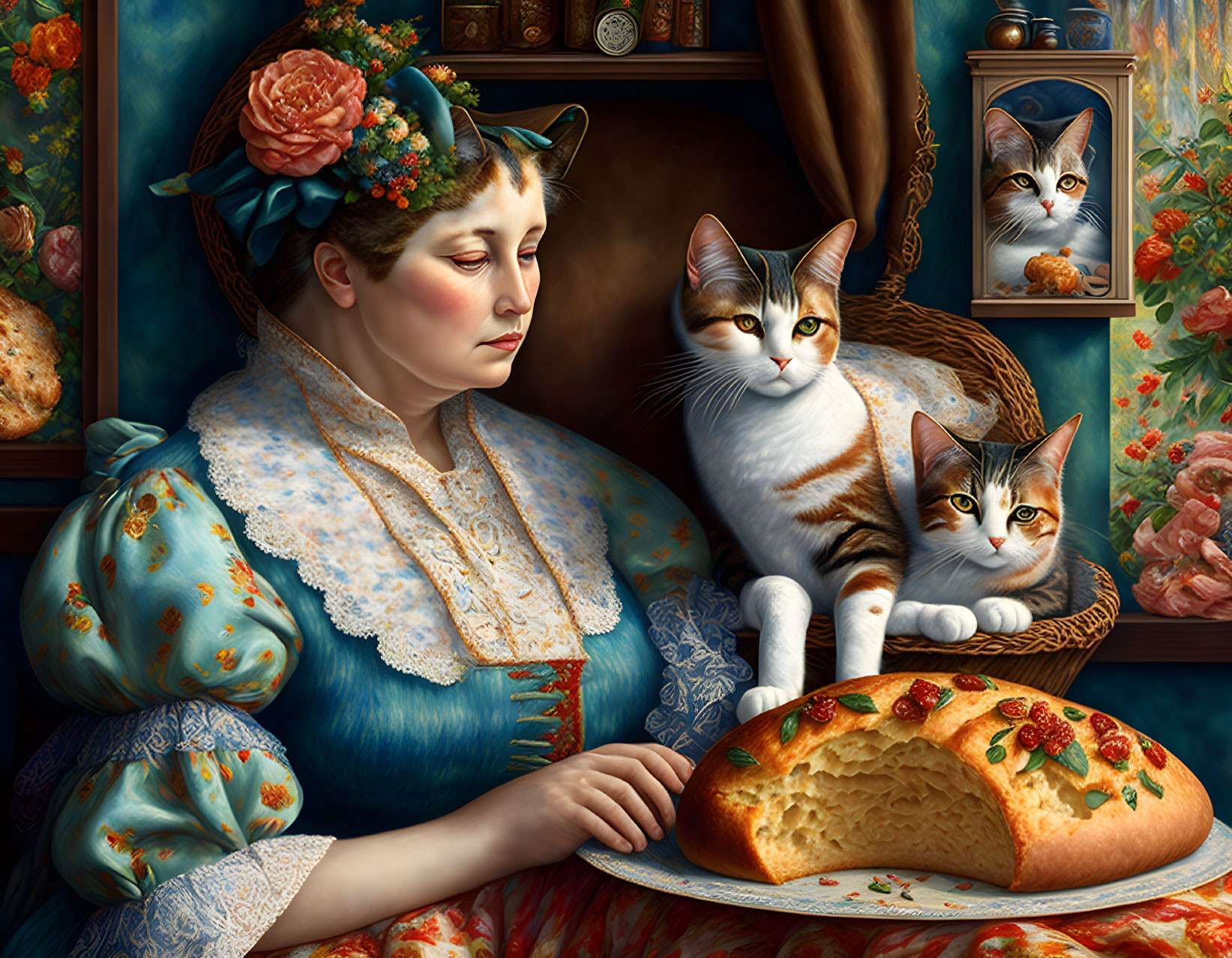 Vintage-dressed woman with floral headpiece, cats, bread loaf, and window in background.