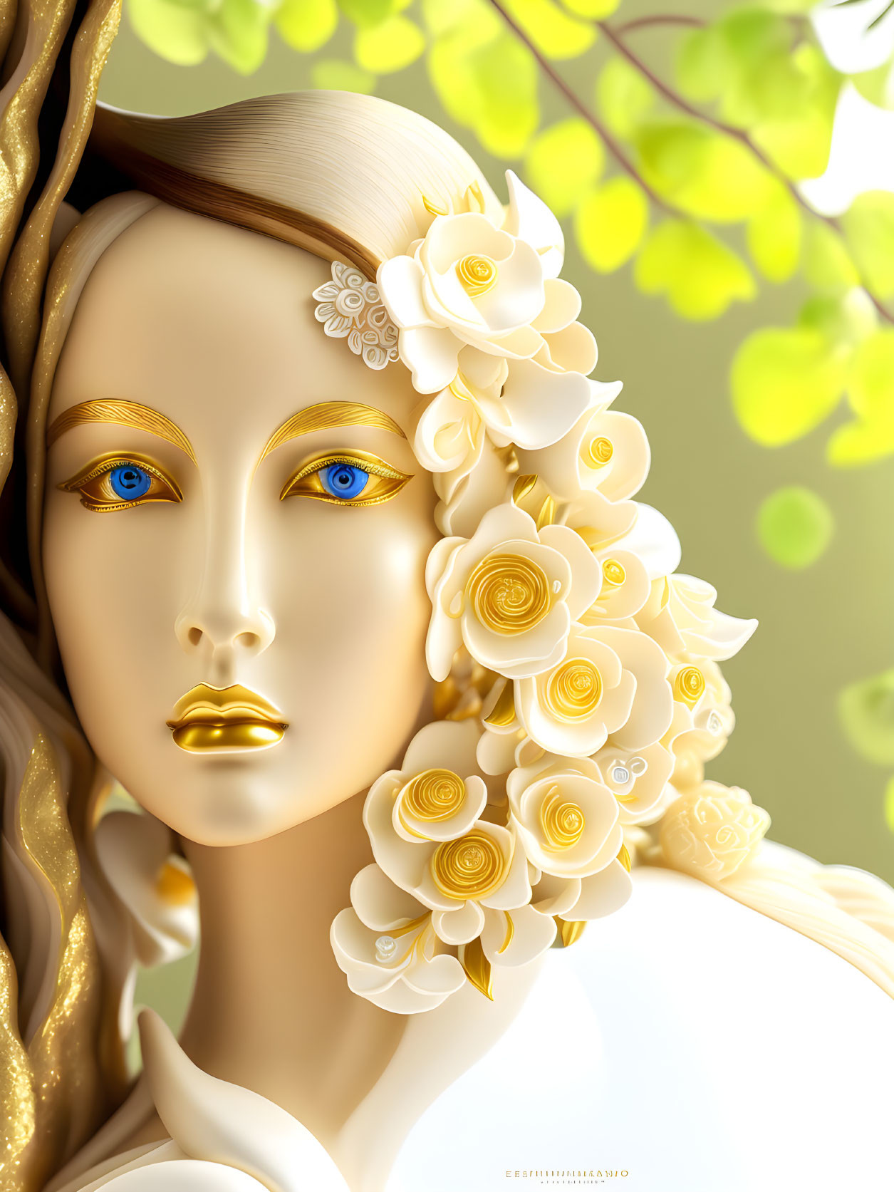 Surreal portrait: female figure with golden lips, blue eyes, white roses, soft green backdrop