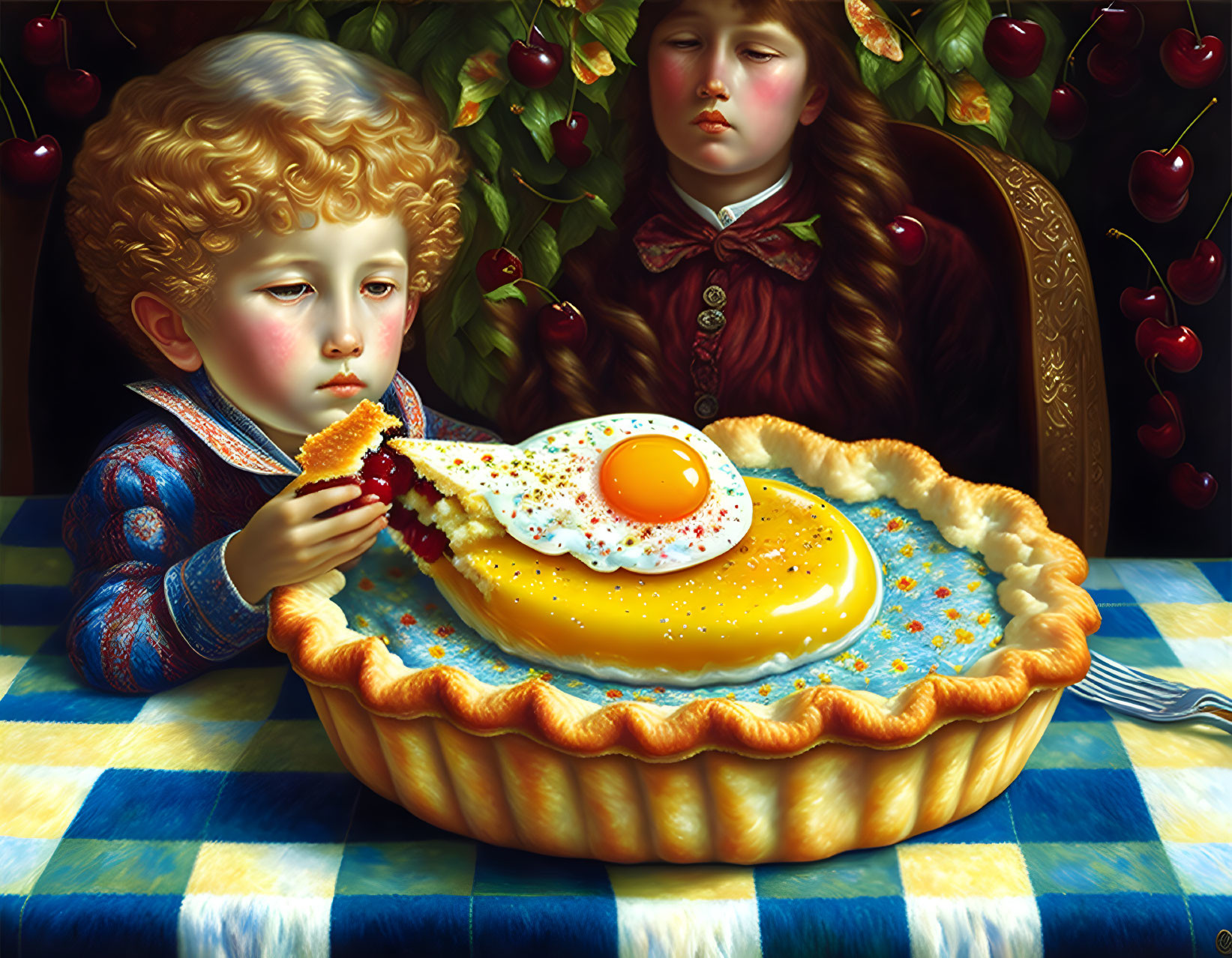 Children eating slice of pie with fried egg design and cherries above