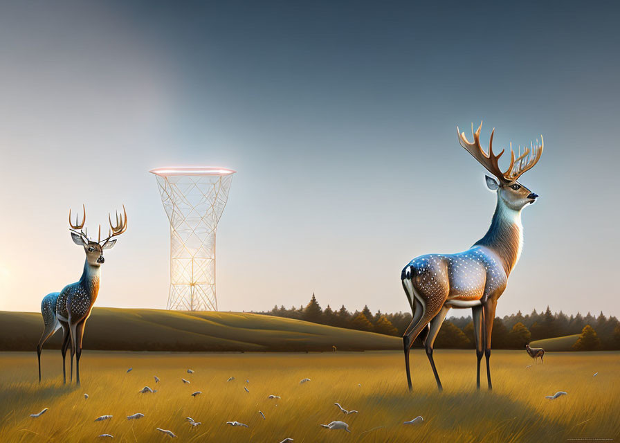 Stylized deer with prominent antlers in serene grassland near glowing futuristic tower