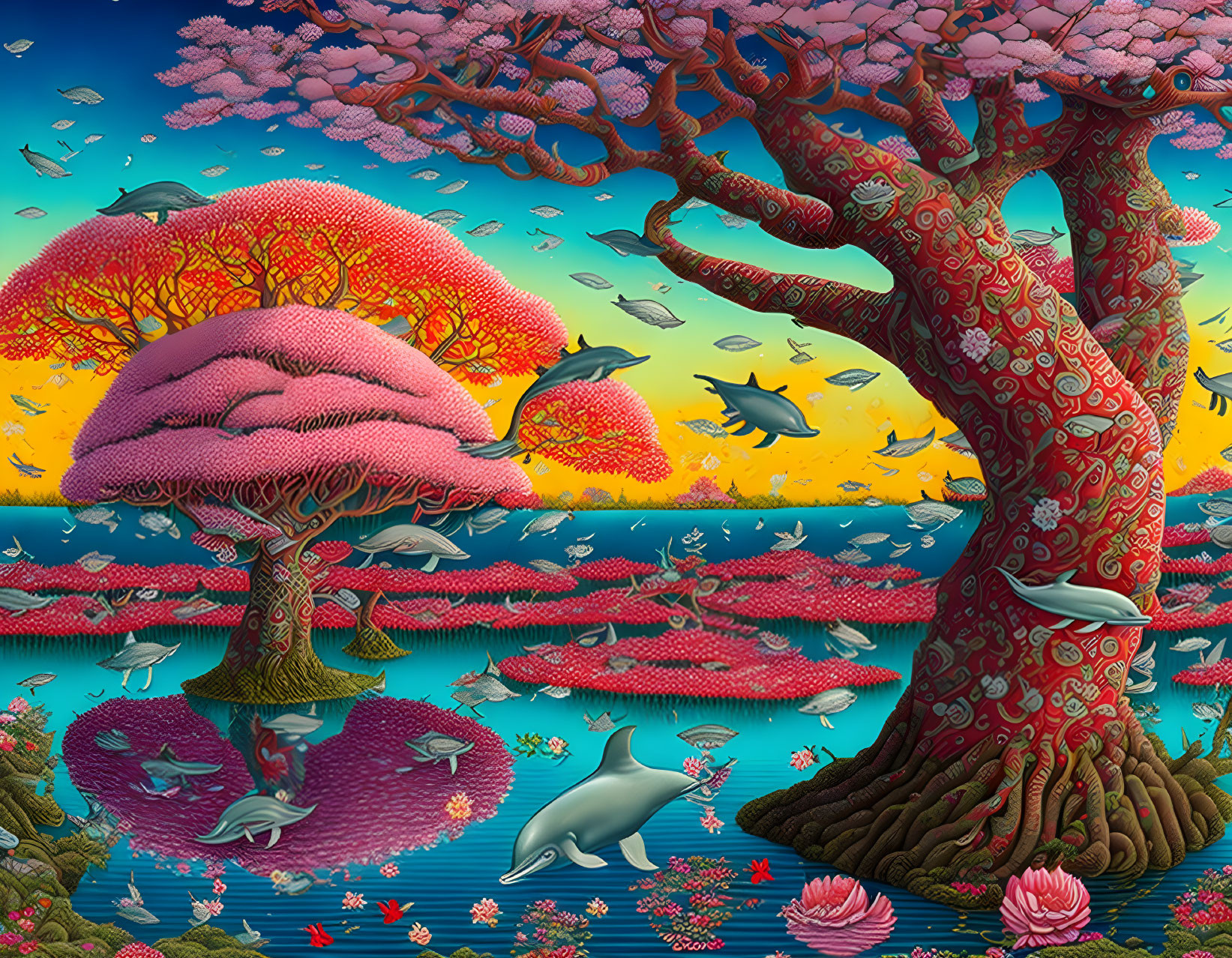 Colorful underwater scene with stylized fish, coral trees, and dolphin in whimsical art style