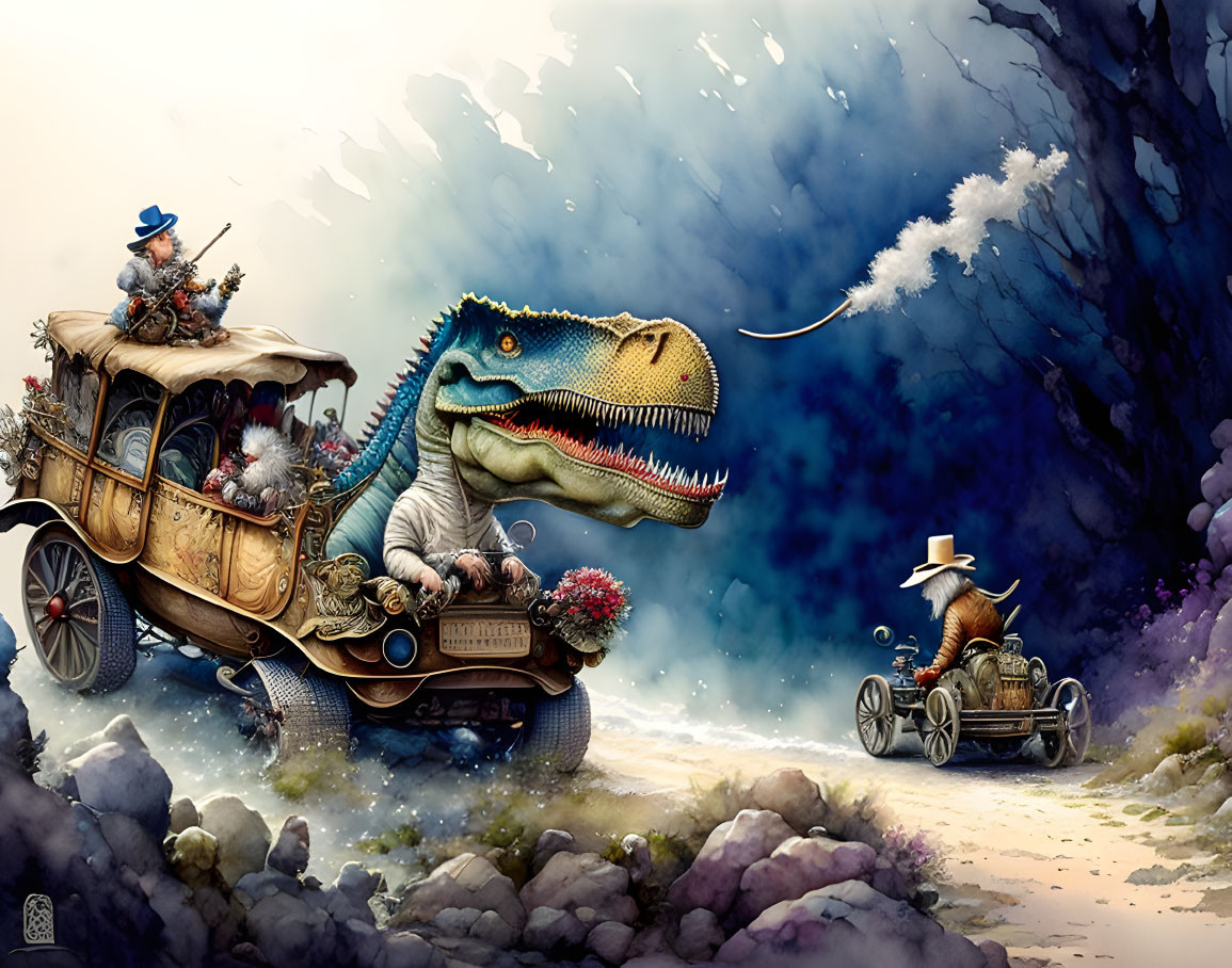 Fantastical dinosaur-driven carriage illustration in whimsical setting